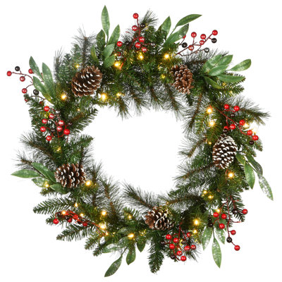 Frosted Pine Berry Wreath with Battery Operated LED Lights