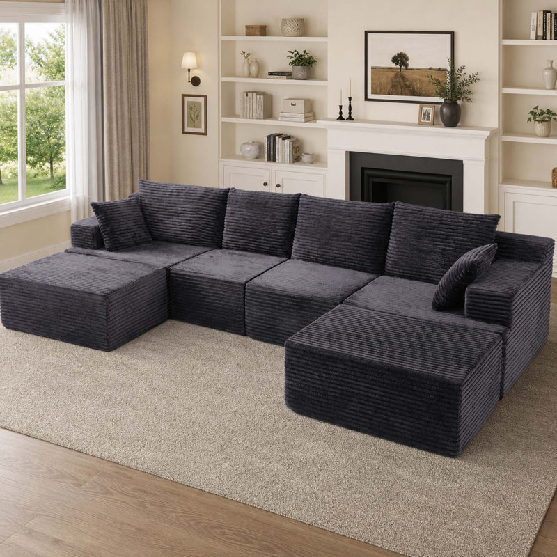 Canapé modulaire infonuagique avec deux poufs, Velours côtelé gris
