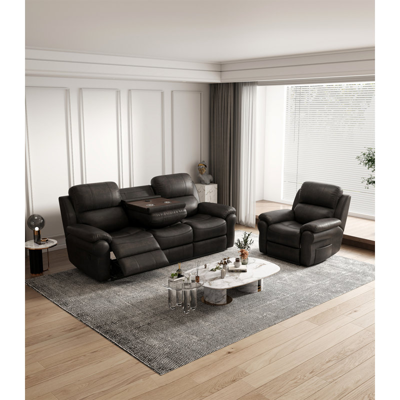 Breathable Fabric Power Reclining Sofa With Drop Down Table, Espresso