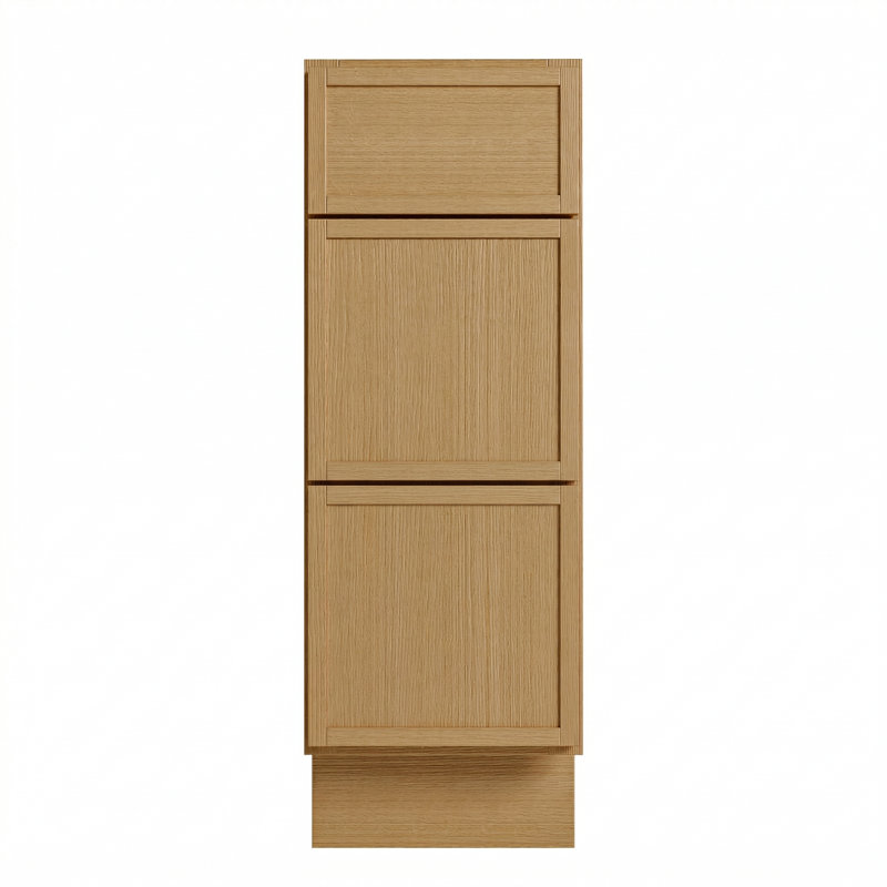 Armoire moderne en chêne blanc avec 3 tiroirs, fabrication de boîtes en contreplaqué, conception de shaker étroit, glissières à fermeture en douceur sous le comptoir, tailles multiples pour des aménagements personnalisés (12 po à 36 po)