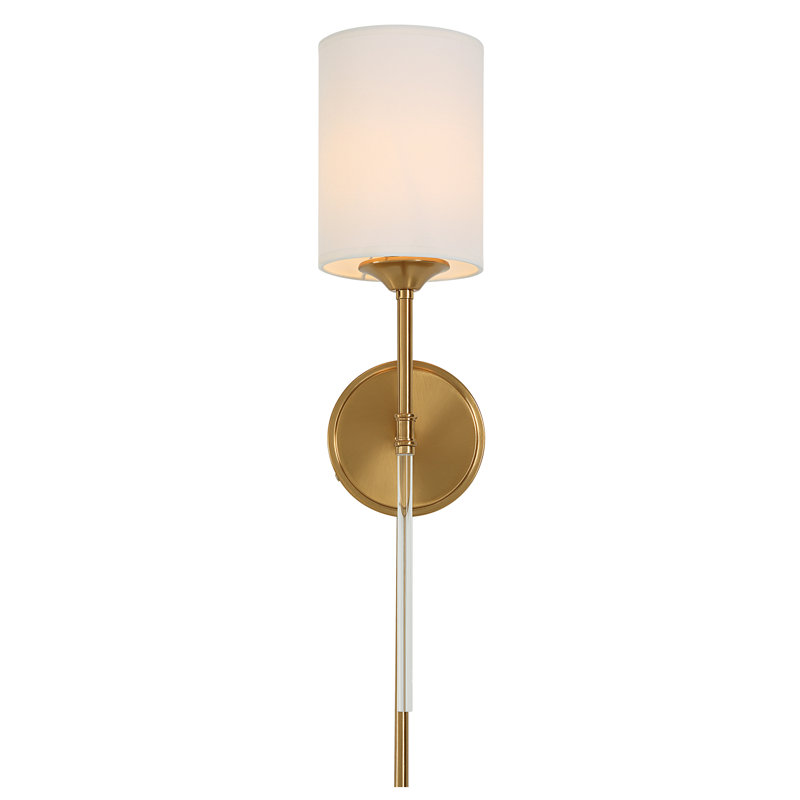 Warm Brass Plug-In Sconce with White Drum Shade
