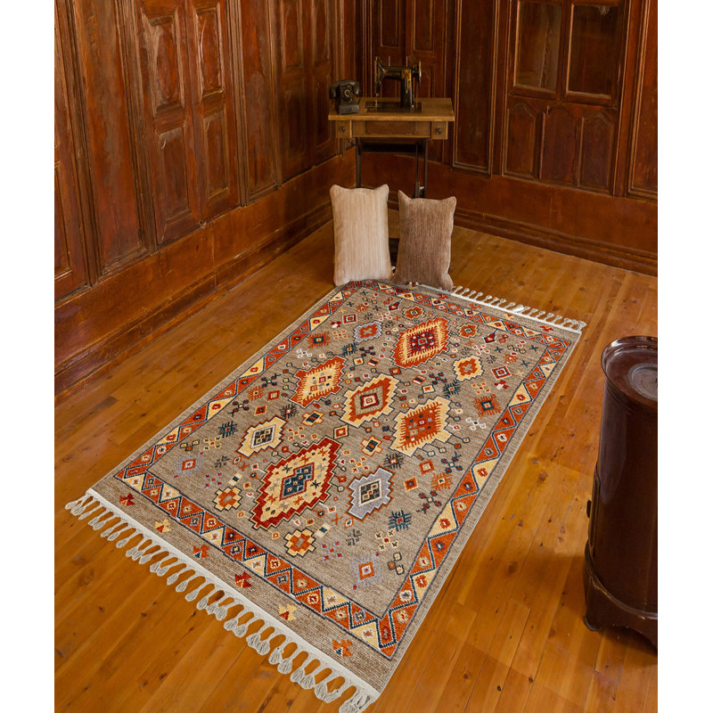 Tapis rectangulaire gris / rouge en polyester tissé à la machine Southwestern, Rectangle 2 pi 7 po x 4 pi 11 po