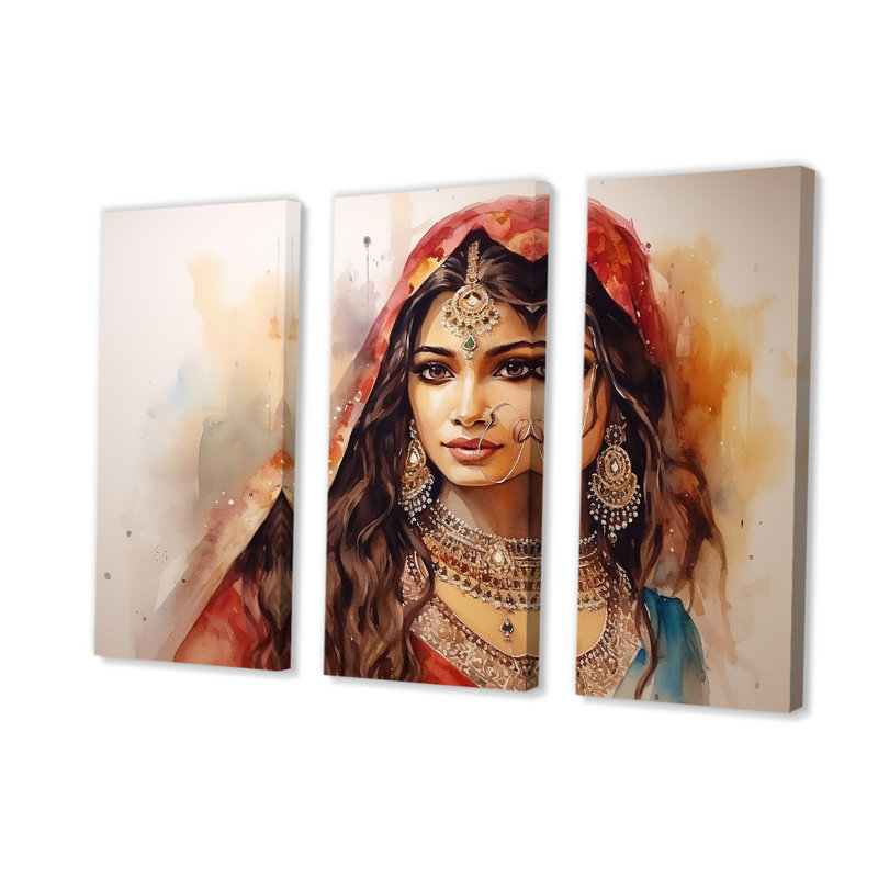 Art indien sur toile, femme indienne, Toile tendue, H 32 po x l 48 po