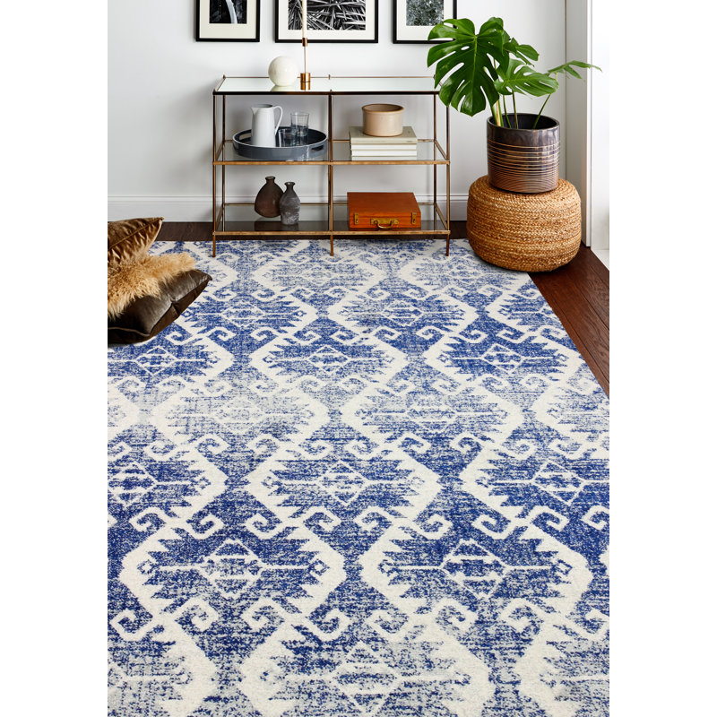 Tapis ivoire / bleu Sydni, Rectangle de 7 pi 6 po x 9 pi 6 po