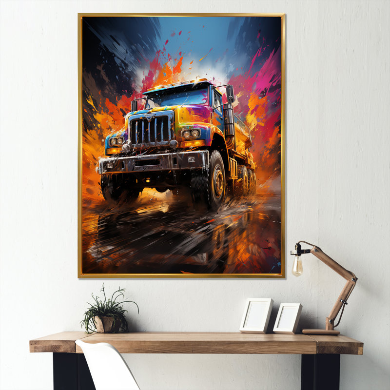 " Expressionist Monster Truck Fury I ", Gold Floater Framed, 40" H x 30" W x 1.5" D