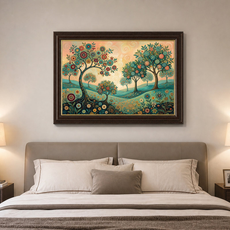 «Teal and Orange Stylized Trees on Rolling Hills Landscape», art mural sur toile, 16"H x 24"W