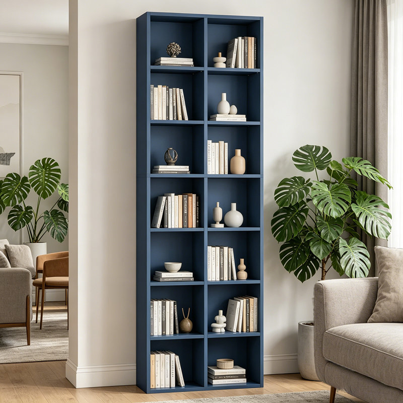 Bibliothèque 7 étages avec 14 cubes, bibliothèque double étroite avec 6 tablettes réglables, peu encombrante, Bleu