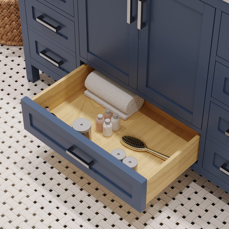 Meuble-lavabo simple autoportant 48 po avec plateau en quartz blanc Rooh, Bleu marine