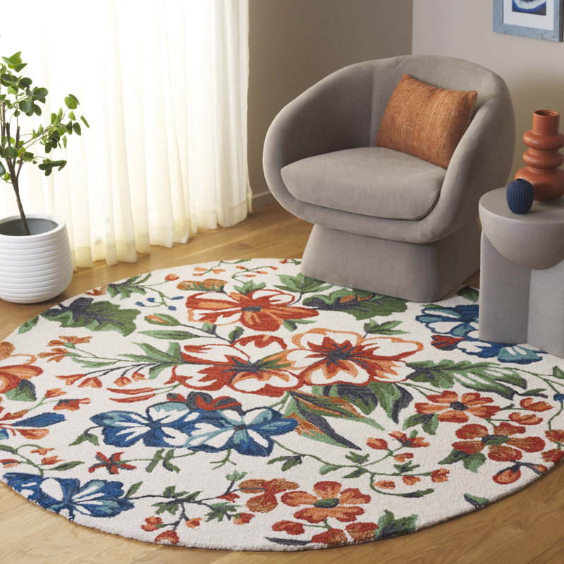Alliene Hand Tufted Wool Cotton Floral Rug in Ivory/Orange, Round 6'