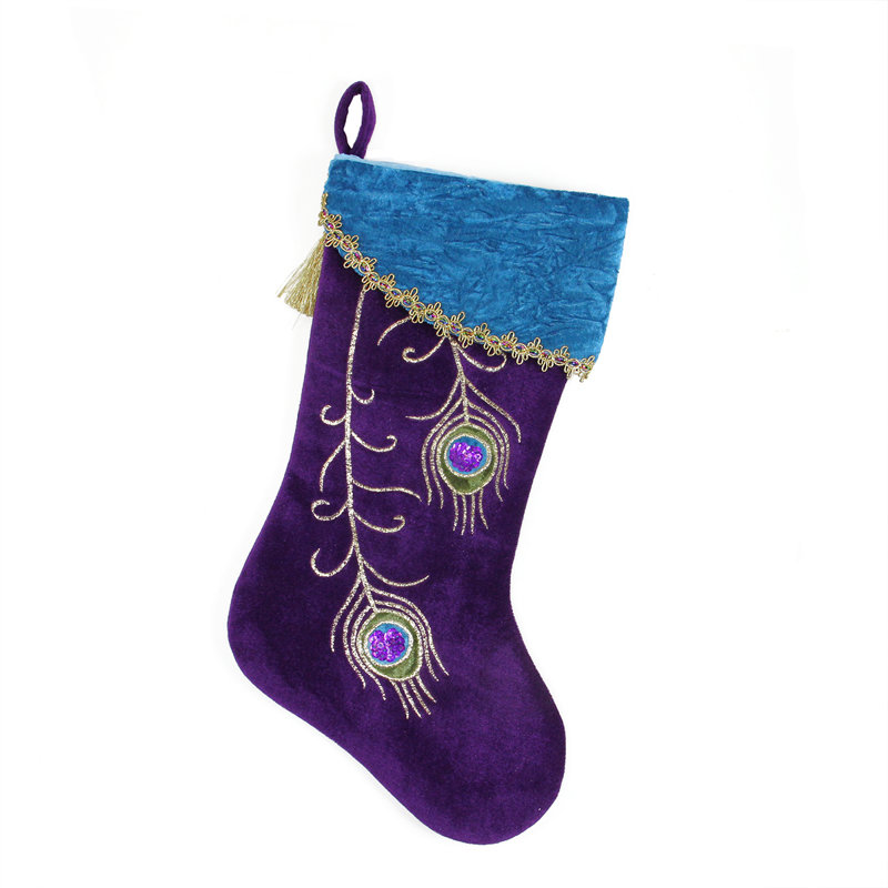 Chaussette de Noël 19 po en velours mauve avec plumes