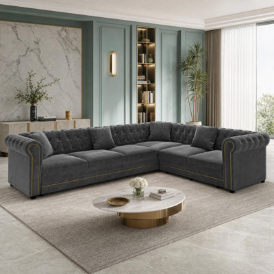 Tufted Velvet Pull-Out Sectional with Gold-Trimmed Arms