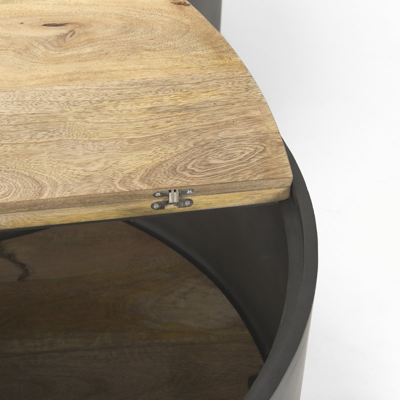 Kenzie Nested Drum Coffee Tables with Storage, Mango Wood Top & Metal Base, Gun Metal Gray, Light Brown