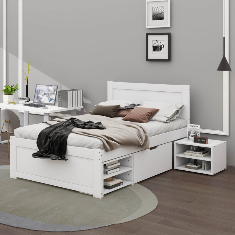 A Full-Sized Platform Bed With A Drawer And Two Shelves Incorporated, White