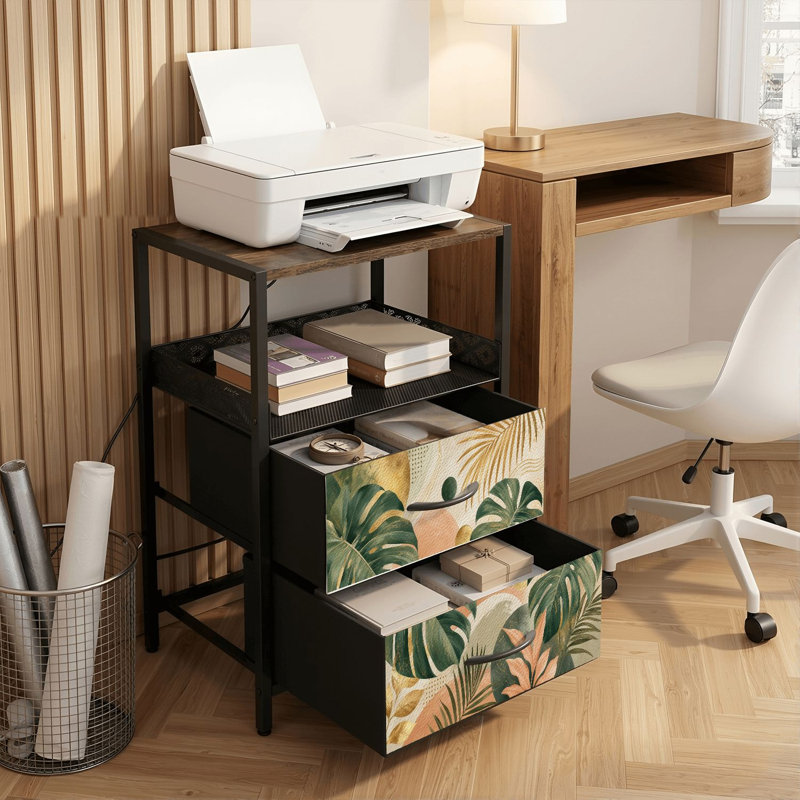 Table de chevet 2 tiroirs avec station de charge, table de chevet de chambre à coucher avec ports USB, tablette ouverte noire, table de chevet avec impression botanique tropicale tropicale Monstera