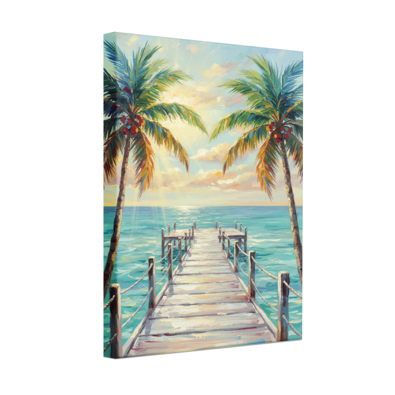 Plantes et fleurs, ponton tropical, palmiers, océan, coucher de soleil, ciel, H 18 po x l 12 po