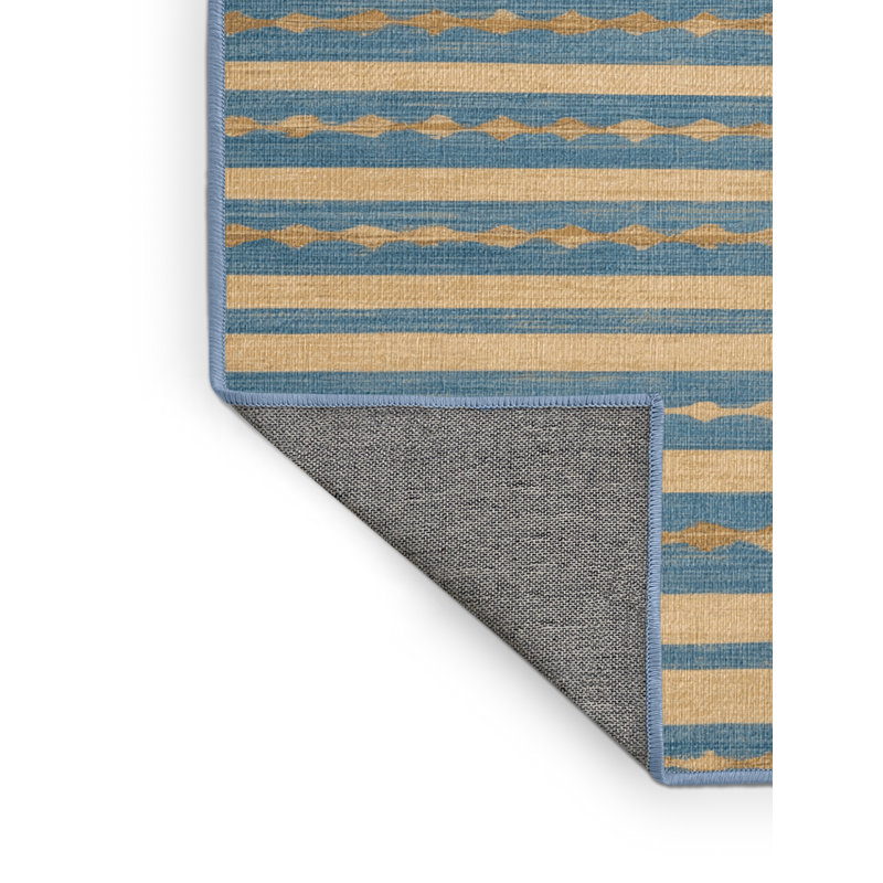 Washable Sky Blue Cream Striped Area Rug, Square 8'
