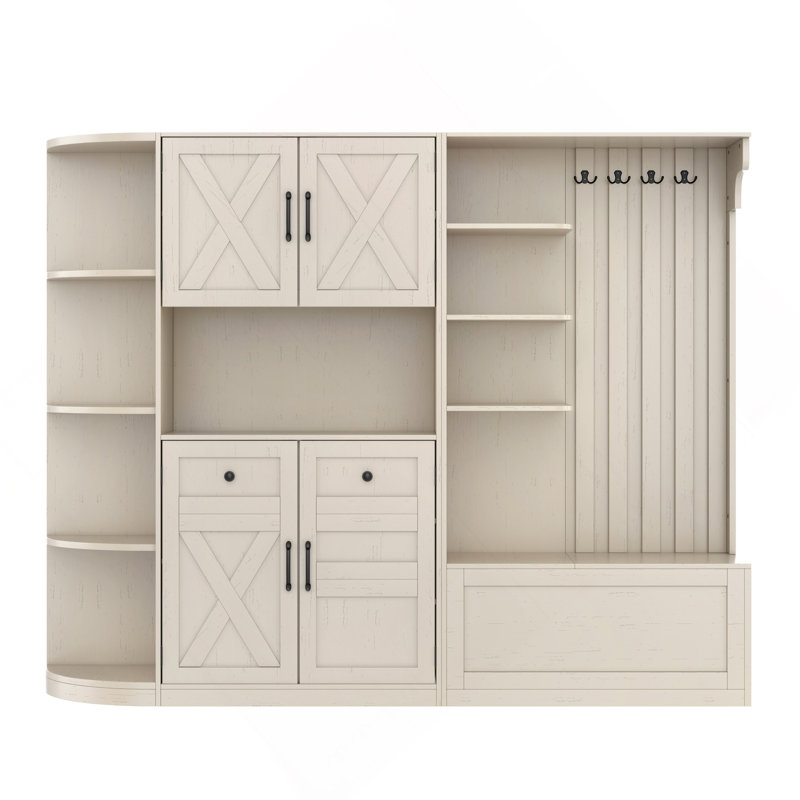 Multifunctional Left-Right Combination Hall Cabinet (Can Be Used Separately) With Storage And 4 Hooks, Storage Cabinet/ Hall Tree 2 In 1 For Living Room, Kitchen And Hallway