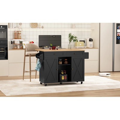 Jaye 51.7" Kitchen Island on Wheels with Storage Cabinet with Drop Leaf Countertop