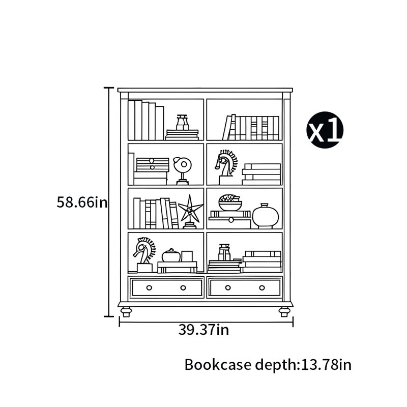 American country style bookcase, (4 Shelves) 58.66"H x 39.37"W x 13.78"D, White