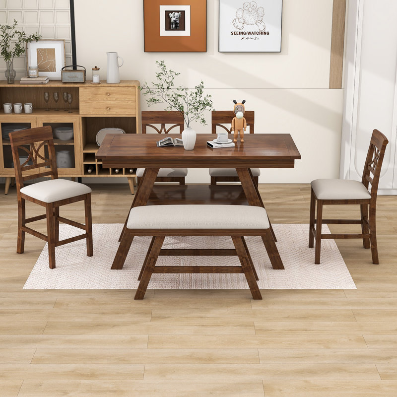 6 - Person Four Leg Dining Set, Walnut, Walnut, Beige/Walnut