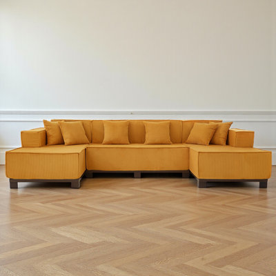 Corduroy Upholstered U-Shaped Sectional Sofa With LED Light Strip & Six Pillows