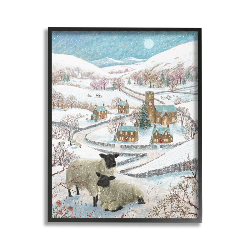 "Sheep On Wintery Hill" par Pip Wilson sur toile, Giclée encadrée noir minuit, H 20 po x l 16 po
