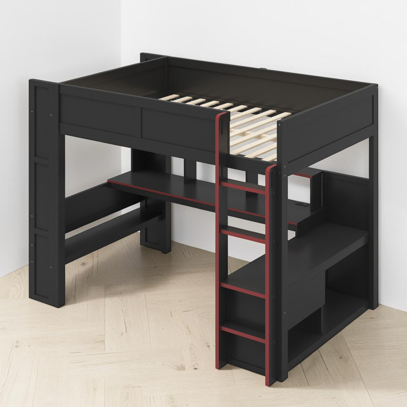 Loft Bed With Built-In Desk And Charging Station, Full, Black & Red