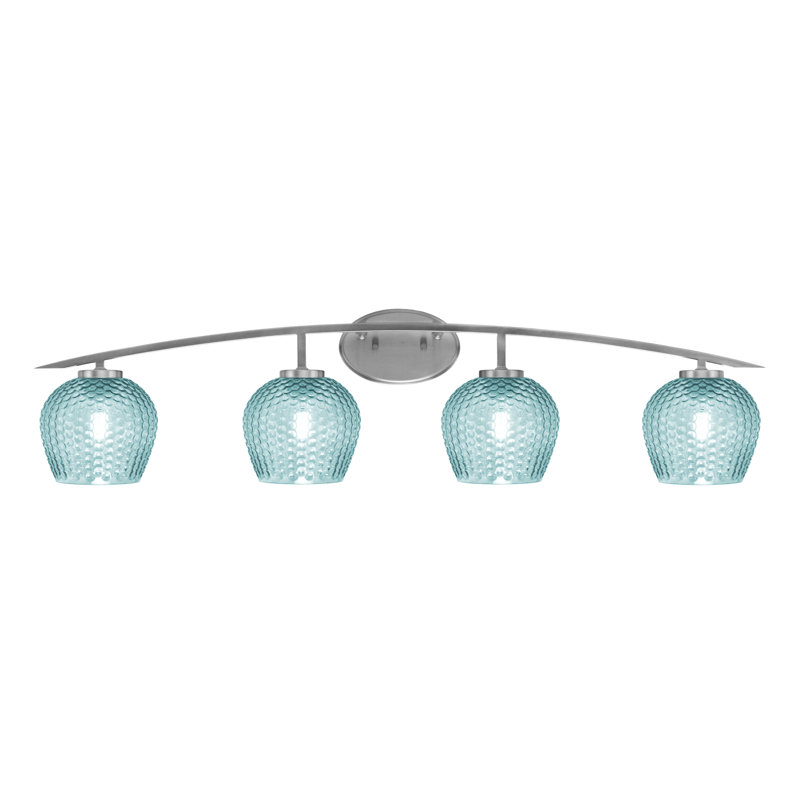 Barre d'éclairage de salle de bain 4 lumières avec verre texturé turquoise 6 po, Argent