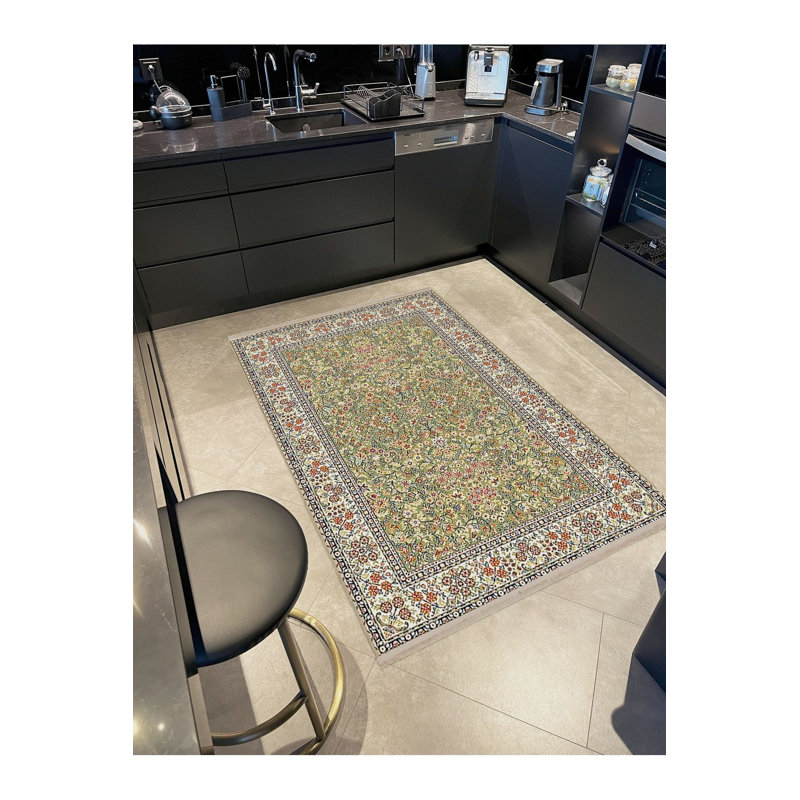 Machine Washable Green Floral Patterned Woven Base Modern Decorative Area Rug