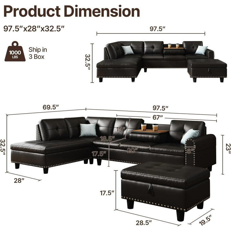 Canapé modulaire en L de 98 po avec méridienne réversible, repose-pieds de rangement et porte-gobelets intégrés AENKYO, similicuir, noir