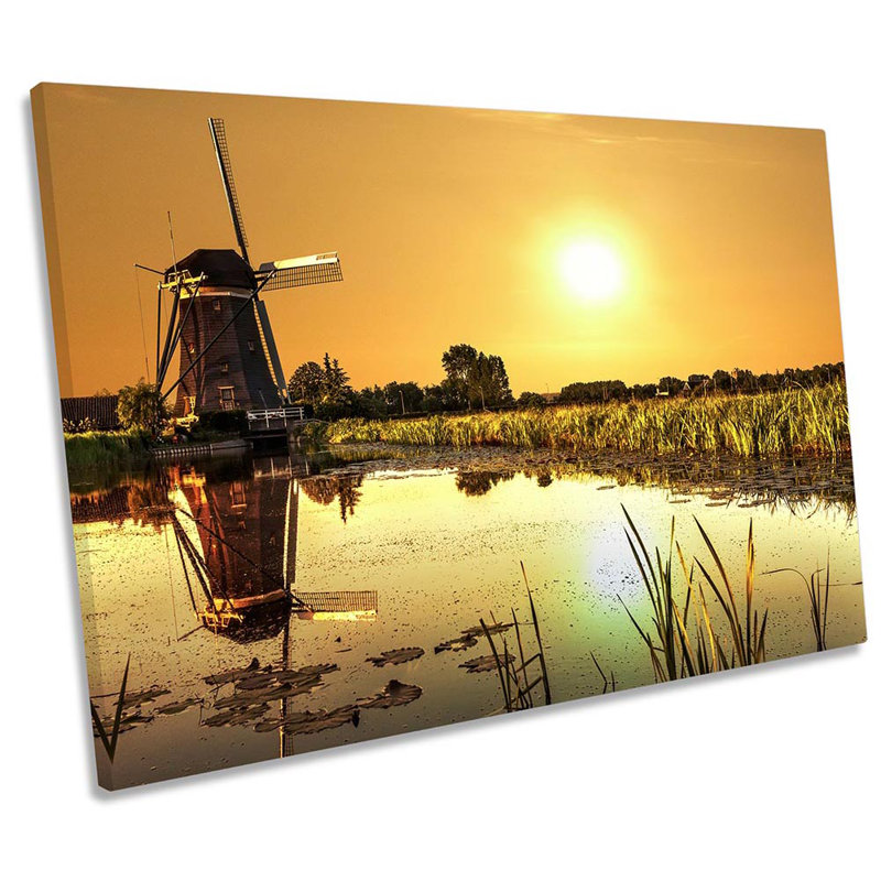 Sunset Windmill Landscape - Wrapped Canvas Print, 40.6cm H x 61cm W x 2cm D