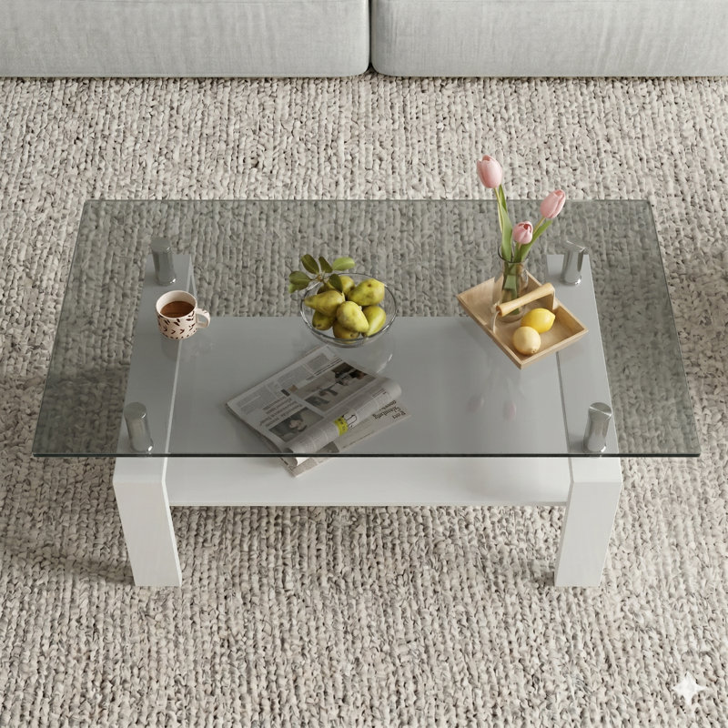 Fraiya Rectangle Coffee Table with Tempered Glass & MDF Storage Shelf, Modern Living Room or Office Center Table, White