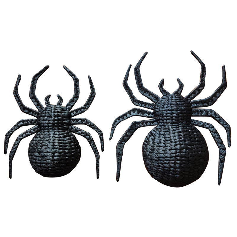 Set Of 2 Handwoven Black Rattan Spider Wall Decor – Halloween Or Gothic Accent