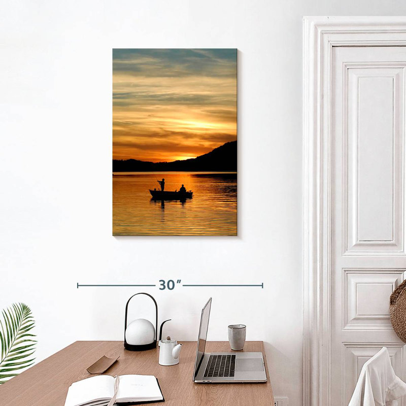 Silhouette de pêche au coucher du soleil de Senne, H 30 po x l 20 po
