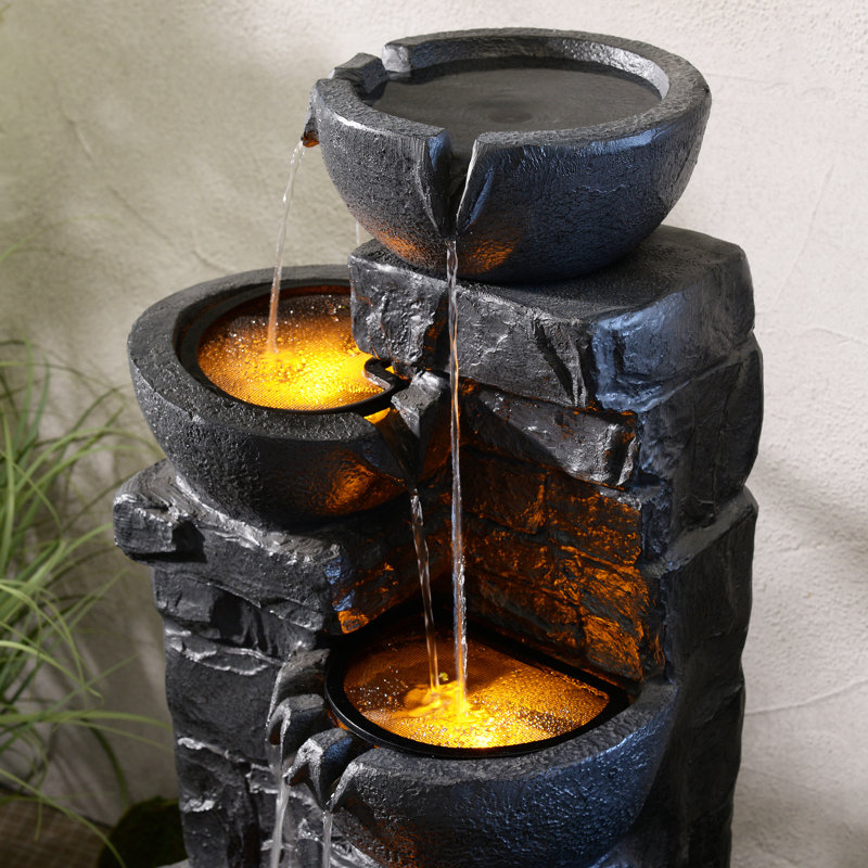 Cuvier Cascading Bowls & Stacked Stones Outdoor Water Fountain with Built-In LED Lights, Dark Gray