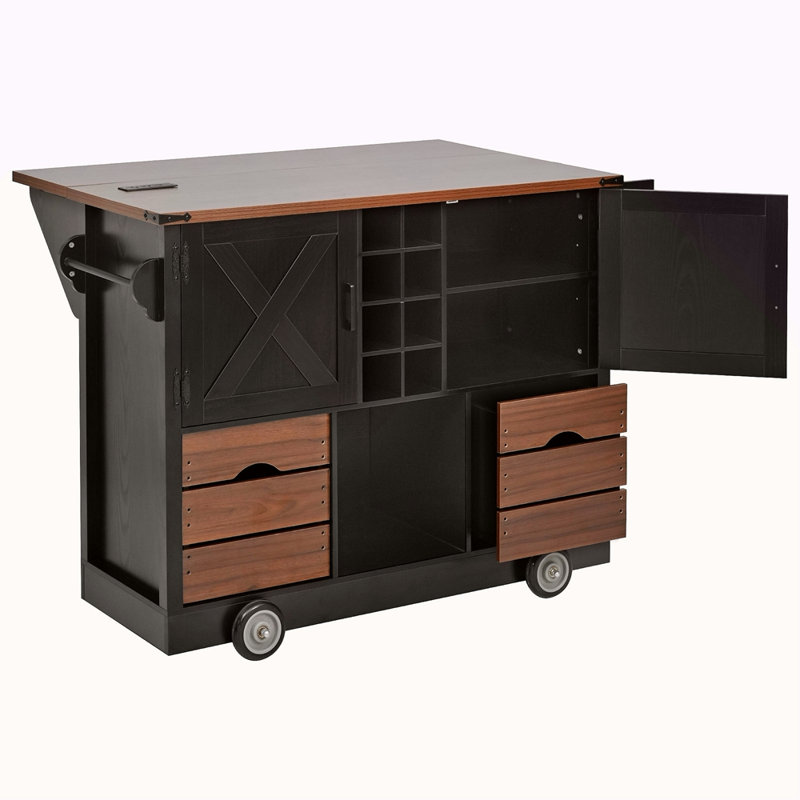54" Farmhouse Kitchen Island With Drop Leaf, Power Outlet, Kitchen Storage Cart With 2 Doors, 2 Drawers, Rolling Kitchen Island On 4 Large Wheels With Spice Rack For Kitchen, Dining Room
