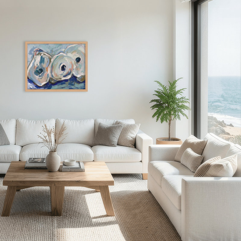 Coastal Retreat Pearlescent Elegance: Oyster Abstract, 24" H x 30" W x 1.125" D, Framed Print, Beige