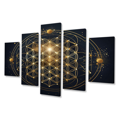 Sacred Geometry Seal In Gold On Black XIII - Modern Geometric Wall Art Print - 5 Panels