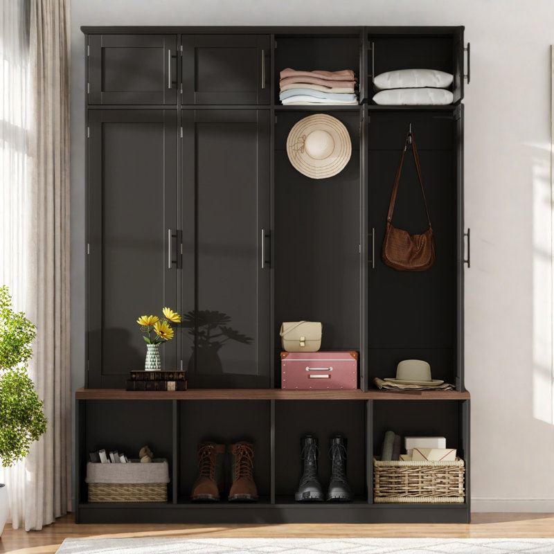 Porte-manteau de style campagnard avec 4 crochets de suspension dissimulés, banquette en noyer à 8 portes, meuble à chaussures d'entrée avec compartiment ouvert, noir