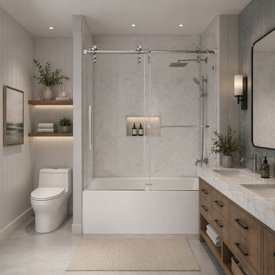 Porte de baignoire coulissante sans cadre de 56 à 60 po x 66 po, porte de douche pour baignoire, verre trempé transparent de 5/16 po (8 mm), cadre en acier inoxydable, nickel brossé