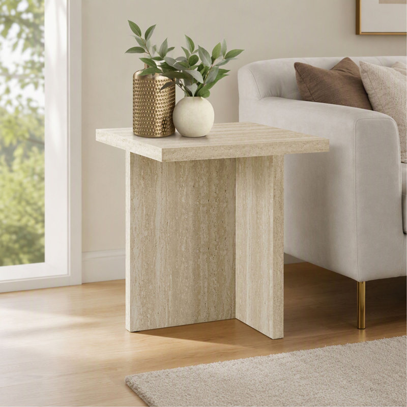 Table d'appoint - H 24 po - Table de bout / d'appoint - Table de chevet - Travertin stratifié aspect pierre - Contemporain