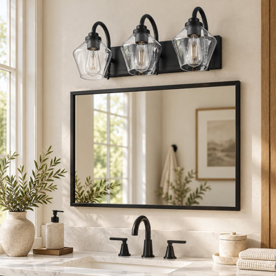 Meuble-lavabo à 3 lumières en verre clair avec abat-jour en verre transparent, noir