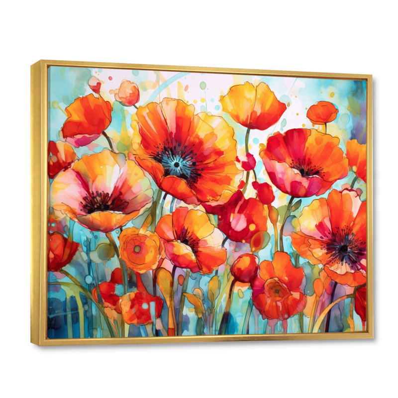 Brilliant Poppies V - Art mural floral, H 24 po x l 32 po x P 1 po, Cadre flottant doré