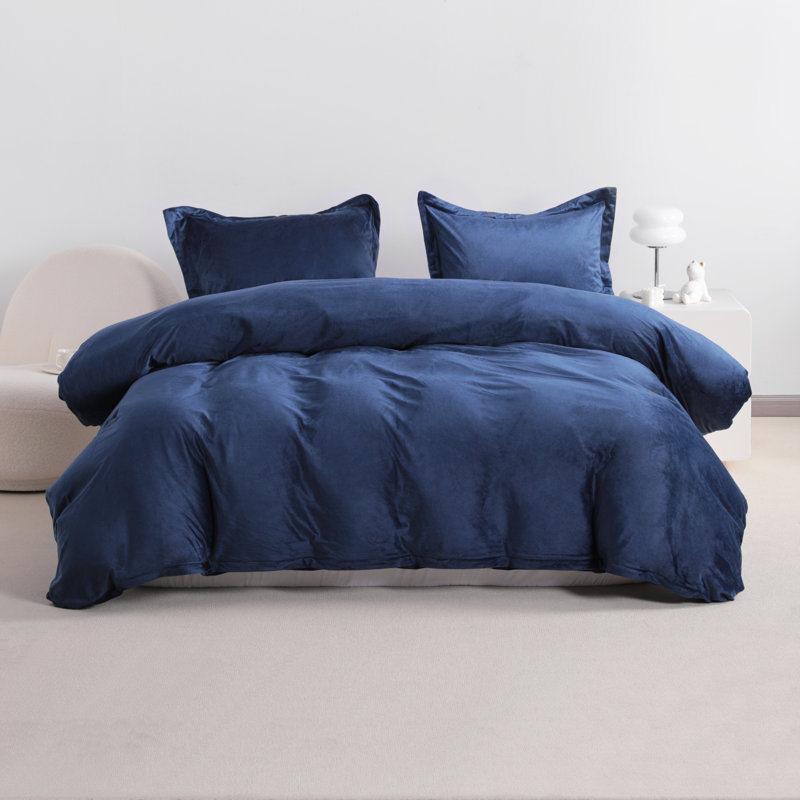 Ensemble de housse de couette en velours , Housse de couette pour grand lit et 2 taies décor, Marine