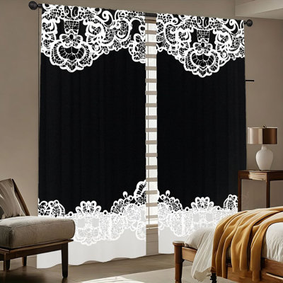 Rideaux noirs floraux en dentelle rétro 2 pièces, style rococo élégant, filtrant la lumière et protégeant la vie privée, passe-tringle, décoratifs pour le salon, la chambre à coucher, le balcon, la cuisine