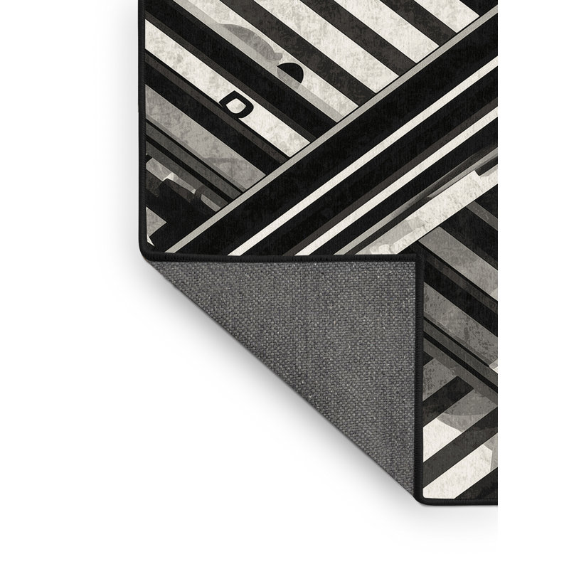 Tapis en peluche doux et moelleux à motif de balle de hockey sur gazon moderne et contemporain Elina - reliure noire, 5x7