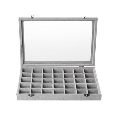Velvet Jewellery Tray,35 Grid Jewellery Organizer With Clear Lid,Earring Holder Organizer Case With Clasp,Drawer Insert For Rings Studs, Grey