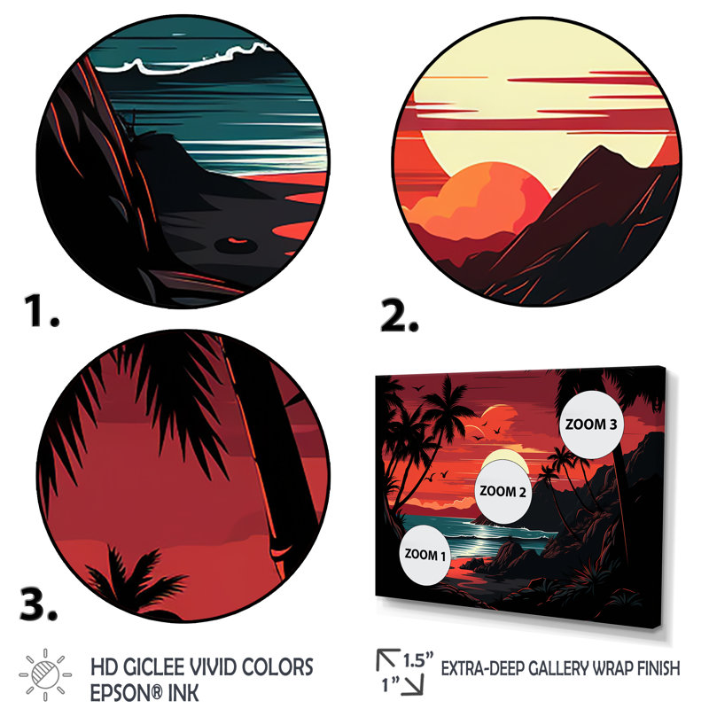 Coucher de soleil rouge audacieux paysage - coucher de soleil côtier, art mural, Cadre de coin blanc fermé