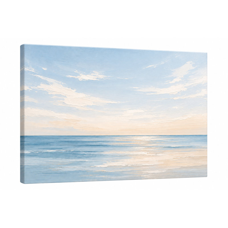 Art mural doux bleu océan horizon, peinture de paysage plage beige clair, décoration murale moderne sur toile tendue
