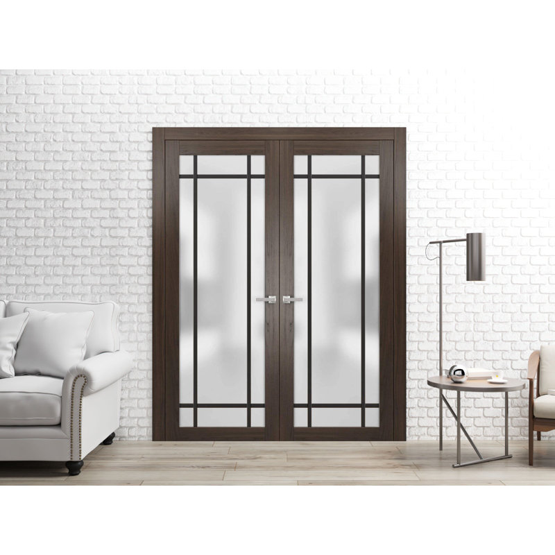 Solid French Double Doors | Planum 2112 Frosted Glass | Wood Solid Panel Frame Trims | Closet Bedroom Sturdy Doors, 86" x 86"